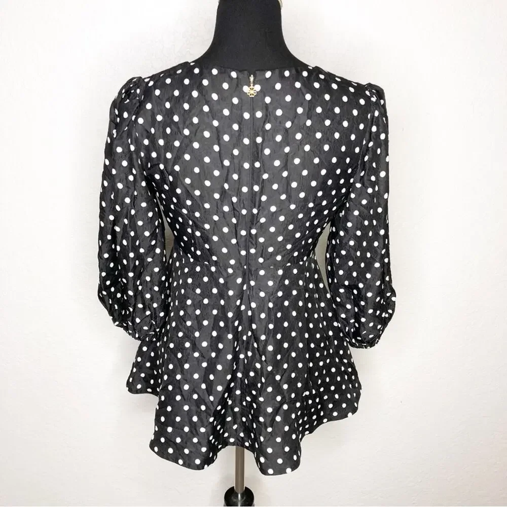 Kate Spade black white polka dot silk blend v neck top size 8